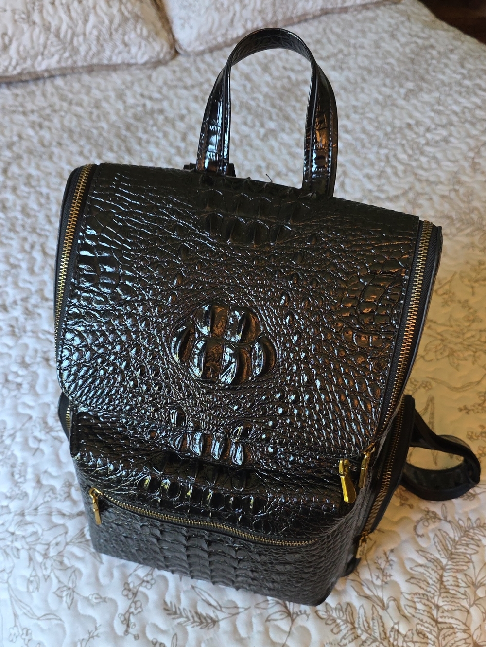 Black Croc-Embossed Backpack Purse - Unbranded
